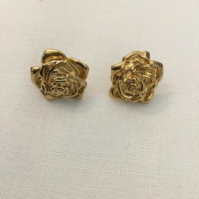 Vintage, gold, toned rose flower, studded earrings