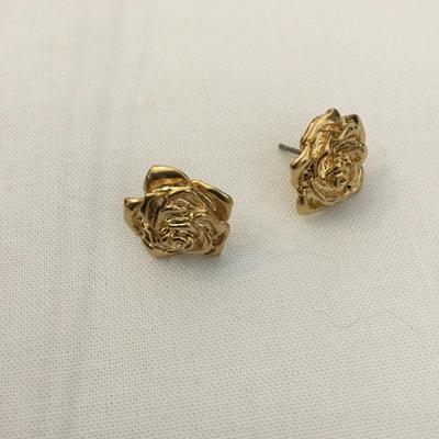Vintage, gold, toned rose flower, studded earrings