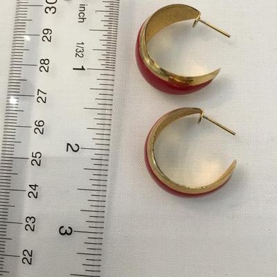 Gold tone red enamel , vintage, chunky hoop, earings