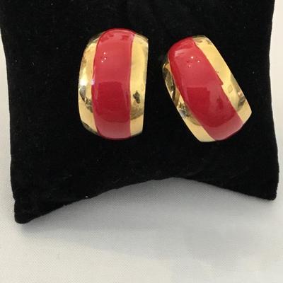 Gold tone red enamel , vintage, chunky hoop, earings