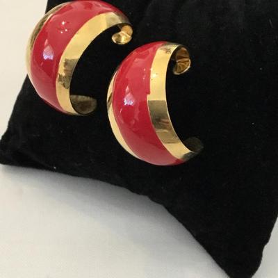 Gold tone red enamel , vintage, chunky hoop, earings