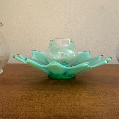 FOSTORIA HEIRLOOM GREEN BOWL AND 2 ROSE BOWLS