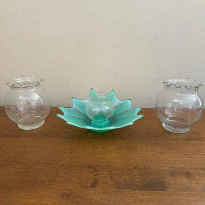 FOSTORIA HEIRLOOM GREEN BOWL AND 2 ROSE BOWLS