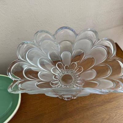 BOHEMIAN CRYSTAL SCALLOPED BOWL, RED GLASS COMPOTE AND A METLOX 2 TONE POTTERY BOWL