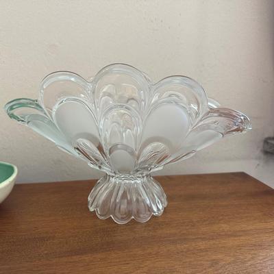 BOHEMIAN CRYSTAL SCALLOPED BOWL, RED GLASS COMPOTE AND A METLOX 2 TONE POTTERY BOWL