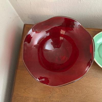 BOHEMIAN CRYSTAL SCALLOPED BOWL, RED GLASS COMPOTE AND A METLOX 2 TONE POTTERY BOWL