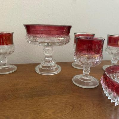 INDIANA GLASS RUBY RED FLASH DIAMOND POINT BOWLS, TIFFIN KING'S CROWN FOOTED WINE GLASSES & MATCHING COMPOTE