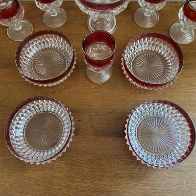 INDIANA GLASS RUBY RED FLASH DIAMOND POINT BOWLS, TIFFIN KING'S CROWN FOOTED WINE GLASSES & MATCHING COMPOTE