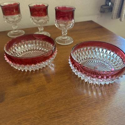 INDIANA GLASS RUBY RED FLASH DIAMOND POINT BOWLS, TIFFIN KING'S CROWN FOOTED WINE GLASSES & MATCHING COMPOTE