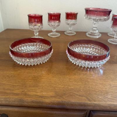 INDIANA GLASS RUBY RED FLASH DIAMOND POINT BOWLS, TIFFIN KING'S CROWN FOOTED WINE GLASSES & MATCHING COMPOTE