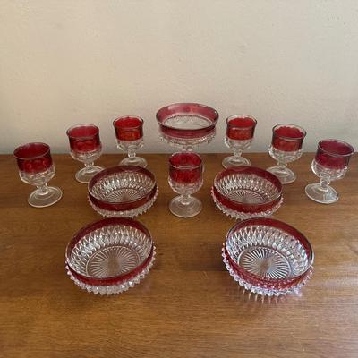INDIANA GLASS RUBY RED FLASH DIAMOND POINT BOWLS, TIFFIN KING'S CROWN FOOTED WINE GLASSES & MATCHING COMPOTE