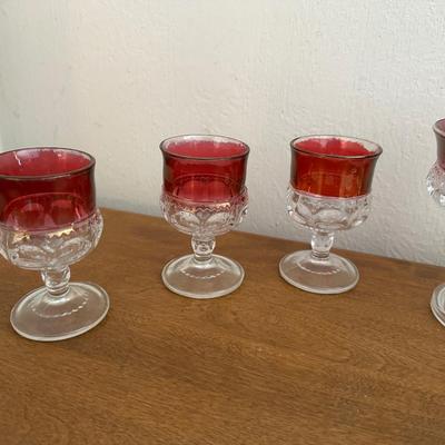 INDIANA GLASS RUBY RED FLASH DIAMOND POINT BOWLS, TIFFIN KING'S CROWN FOOTED WINE GLASSES & MATCHING COMPOTE