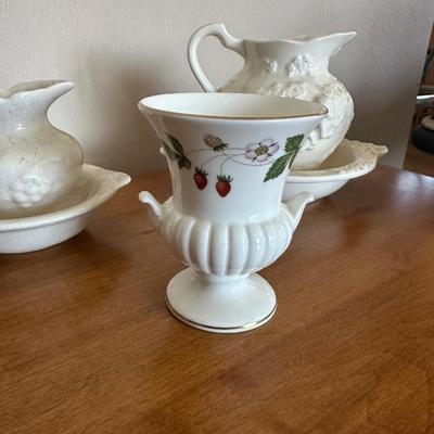WEDGEWOOD BONE CHINA VASE, 2 WASH BOWLS WITH PITCHERS AND MORE