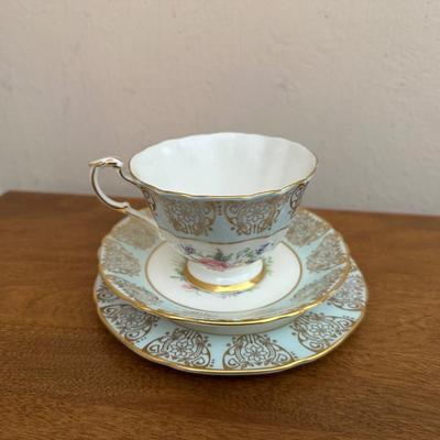 IRONSTONE WASH BOWL AND PITCHER WITH BONE CHINA TEA CUP AND SAUCER
