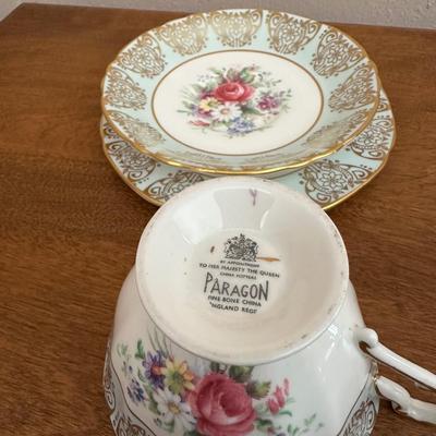 IRONSTONE WASH BOWL AND PITCHER WITH BONE CHINA TEA CUP AND SAUCER