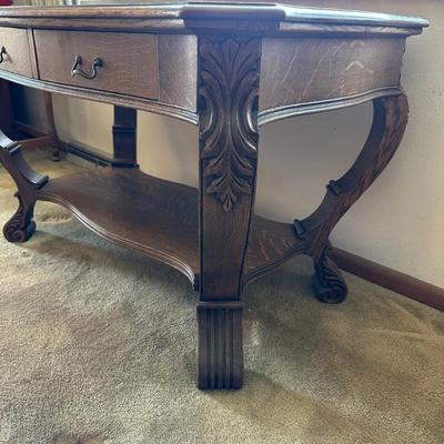 ANTIQUE CARVED 2 TIER FOYER TABLE WITH 2 DRAWERS