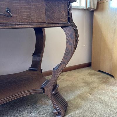 ANTIQUE CARVED 2 TIER FOYER TABLE WITH 2 DRAWERS