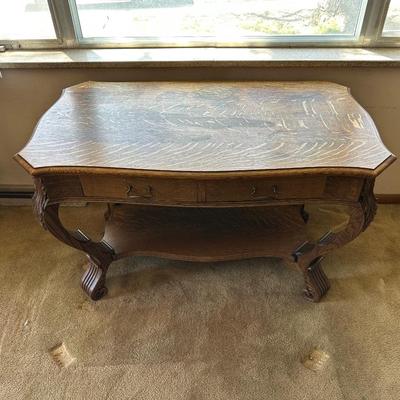 ANTIQUE CARVED 2 TIER FOYER TABLE WITH 2 DRAWERS