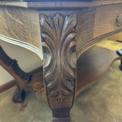 ANTIQUE CARVED 2 TIER FOYER TABLE WITH 2 DRAWERS