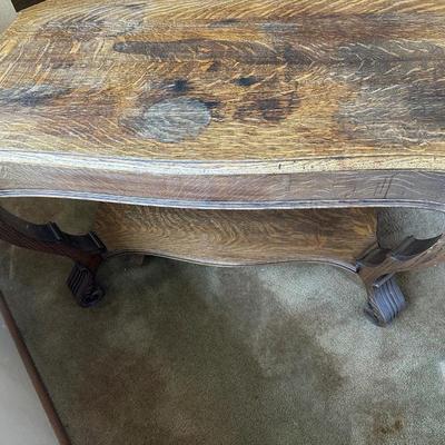 ANTIQUE CARVED 2 TIER FOYER TABLE WITH 2 DRAWERS