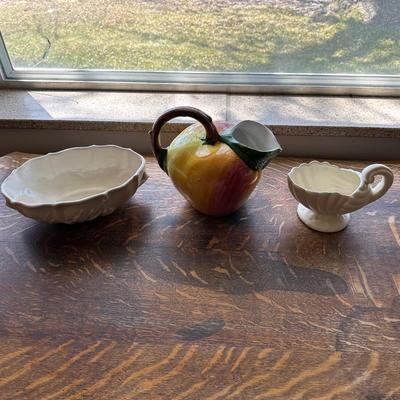 CERAMIC APPLE PITCHER, GRAVY BOAT & CERAMIC SERVING BOWL