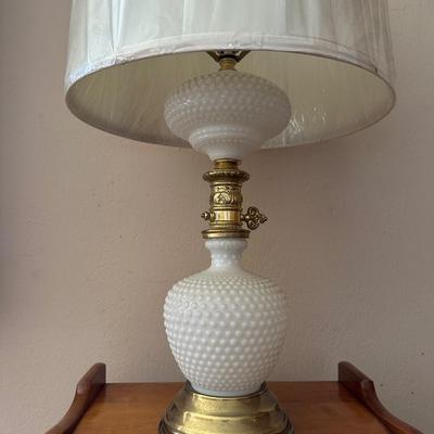 3 TIER END TABLE WITH MILK GLASS HOBNAIL LAMP