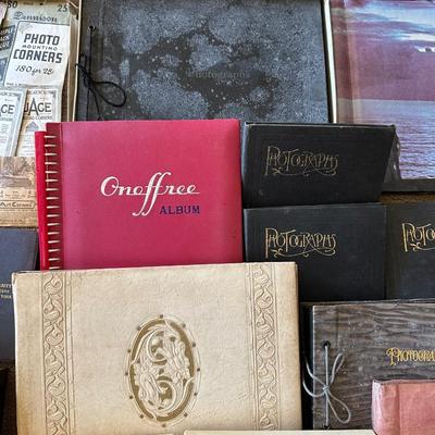 VINTAGE SCRAPBOOKS, PHOTO ALBUMS, STAMPED ENVELOPES, RIBBONS AND MORE