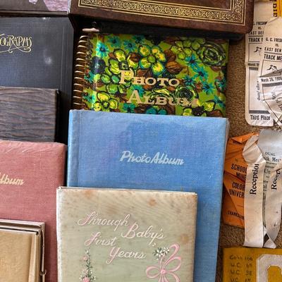VINTAGE SCRAPBOOKS, PHOTO ALBUMS, STAMPED ENVELOPES, RIBBONS AND MORE