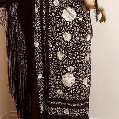 Antique Silk one Shoulder Manila hand embroidered Shawl dress w/Fringes