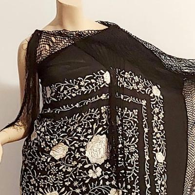 Antique Silk one Shoulder Manila hand embroidered Shawl dress w/Fringes