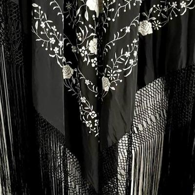 Antique Silk one Shoulder Manila hand embroidered Shawl dress w/Fringes