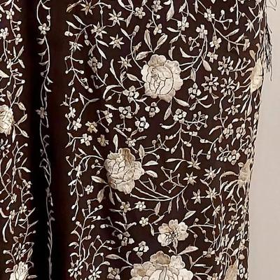 Antique Silk one Shoulder Manila hand embroidered Shawl dress w/Fringes