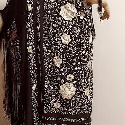 Antique Silk one Shoulder Manila hand embroidered Shawl dress w/Fringes