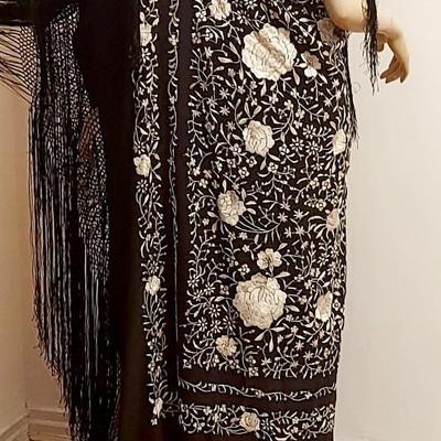 Antique Silk one Shoulder Manila hand embroidered Shawl dress w/Fringes
