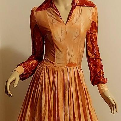 Vtg 60-70s Howard Wolf maxi Coral/Orange leaf prnt dress