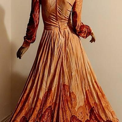 Vtg 60-70s Howard Wolf maxi Coral/Orange leaf prnt dress