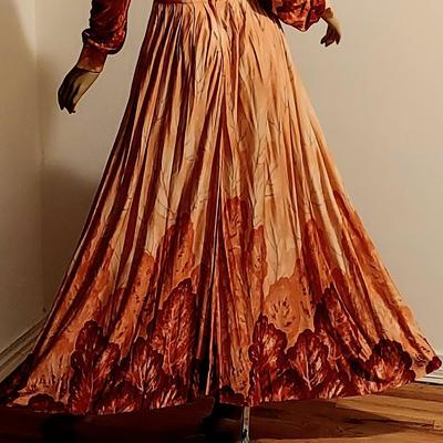 Vtg 60-70s Howard Wolf maxi Coral/Orange leaf prnt dress