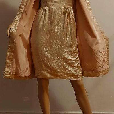 Vtg 60s Gold Lame' 3pc Ensemble Swing Coat Dress & Heeled Pumps