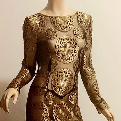 Vtg Couture Michael Casey 80s Chiffon/Gold Metallic maxi dress