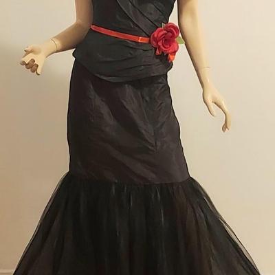 Vtg Rose Taft Couture Ball Gown Silk Red Sash