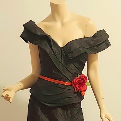 Vtg Rose Taft Couture Ball Gown Silk Red Sash