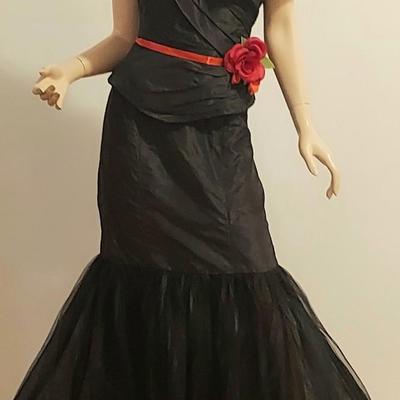 Vtg Rose Taft Couture Ball Gown Silk Red Sash
