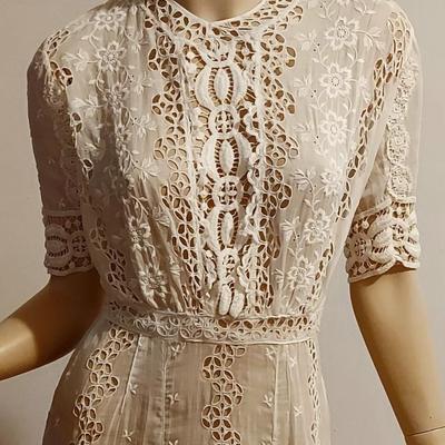 Antique 1900 hand Embroidered Brussels & Irish Crochet lace Maxi Lawn/Tea cotton dress
