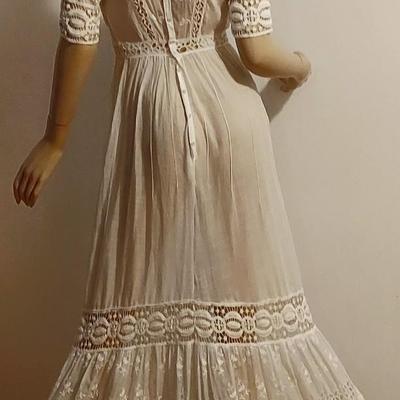 Antique 1900 hand Embroidered Brussels & Irish Crochet lace Maxi Lawn/Tea cotton dress