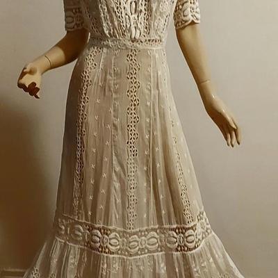 Antique 1900 hand Embroidered Brussels & Irish Crochet lace Maxi Lawn/Tea cotton dress