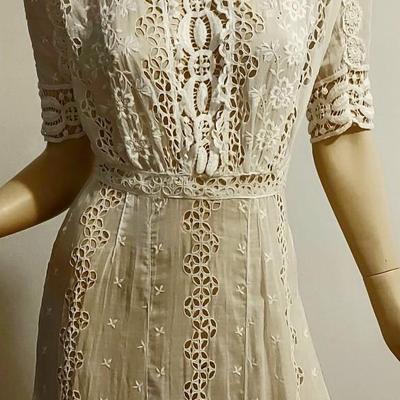 Antique 1900 hand Embroidered Brussels & Irish Crochet lace Maxi Lawn/Tea cotton dress