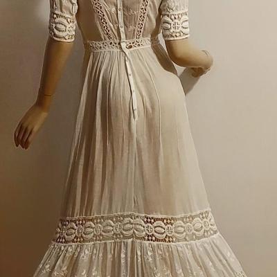 Antique 1900 hand Embroidered Brussels & Irish Crochet lace Maxi Lawn/Tea cotton dress