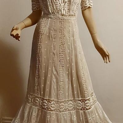 Antique 1900 hand Embroidered Brussels & Irish Crochet lace Maxi Lawn/Tea cotton dress