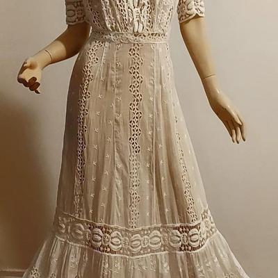 Antique 1900 hand Embroidered Brussels & Irish Crochet lace Maxi Lawn/Tea cotton dress