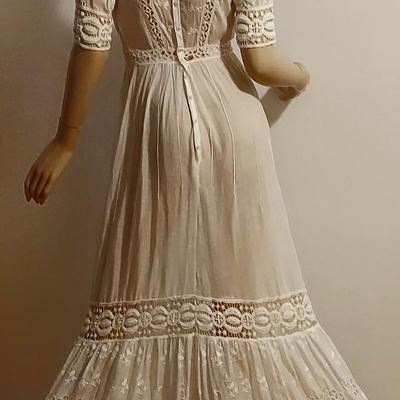 Antique 1900 hand Embroidered Brussels & Irish Crochet lace Maxi Lawn/Tea cotton dress